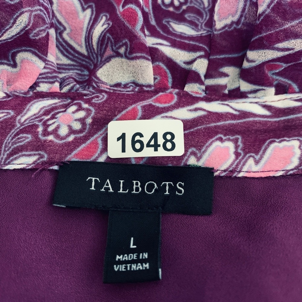 Talbots Blouse Women L Purple Floral Ruffle Neck Long Sleeve Button Front Top - Picture 4 of 10